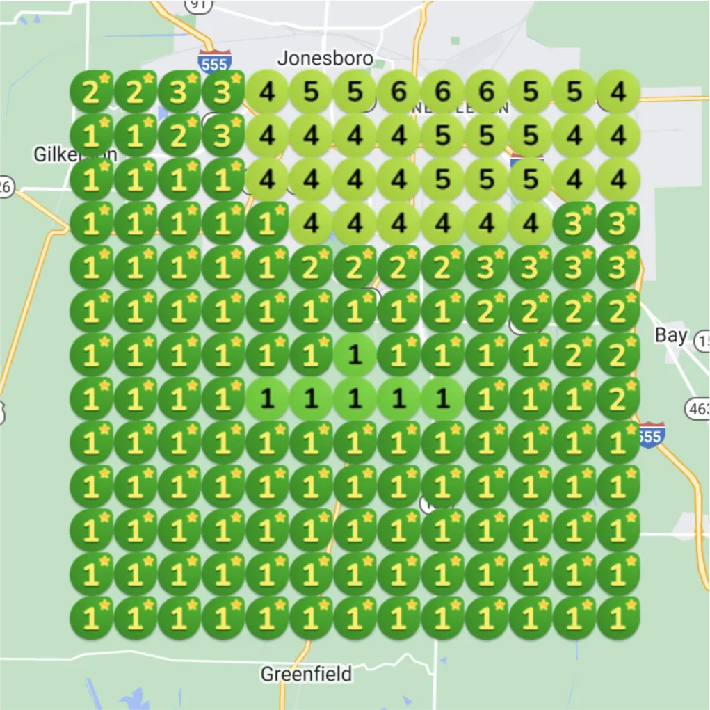 Contractor Google Maps geographic ranking grid for water damage repair after 1 month