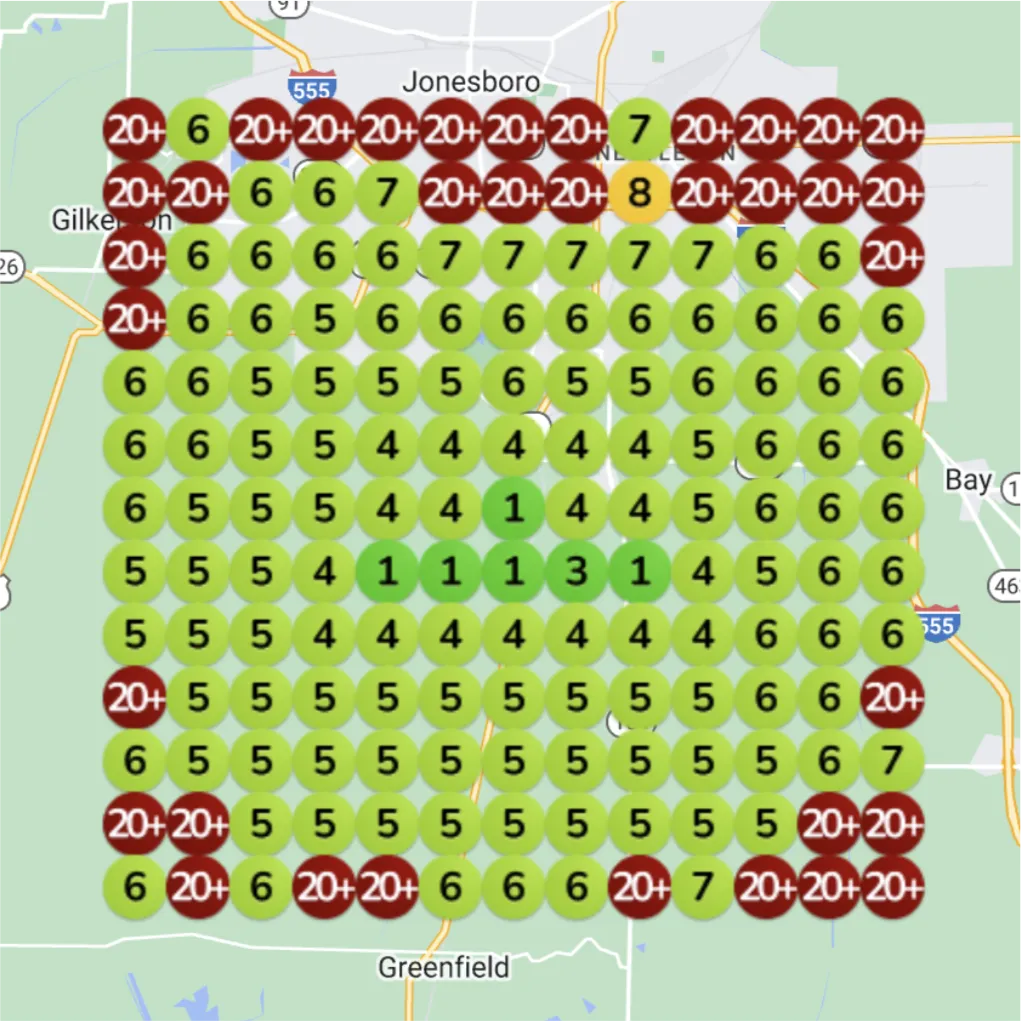 Contractor Google Maps geographic ranking grid for water damage repair before Nova optimization